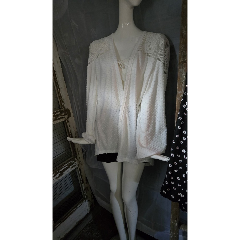 Maurices White Lace Yoke Swiss Dot Open Front Cardigan Sweater Women's Small